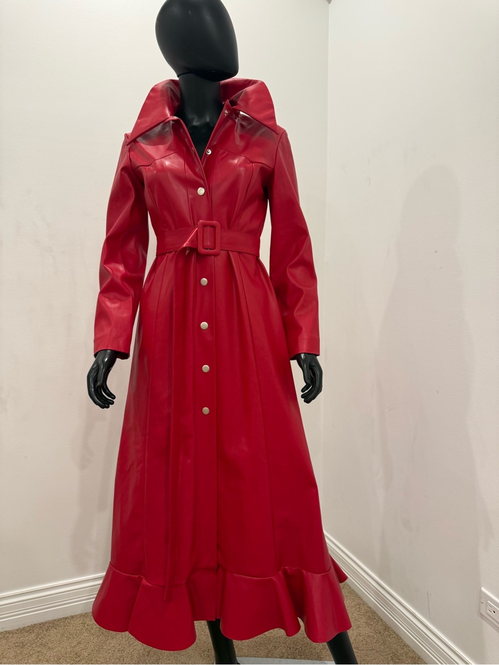 A.W.A.K.E. Red Leather Look Belted Maxi Coat Dress Size 38 Never Worn NEW